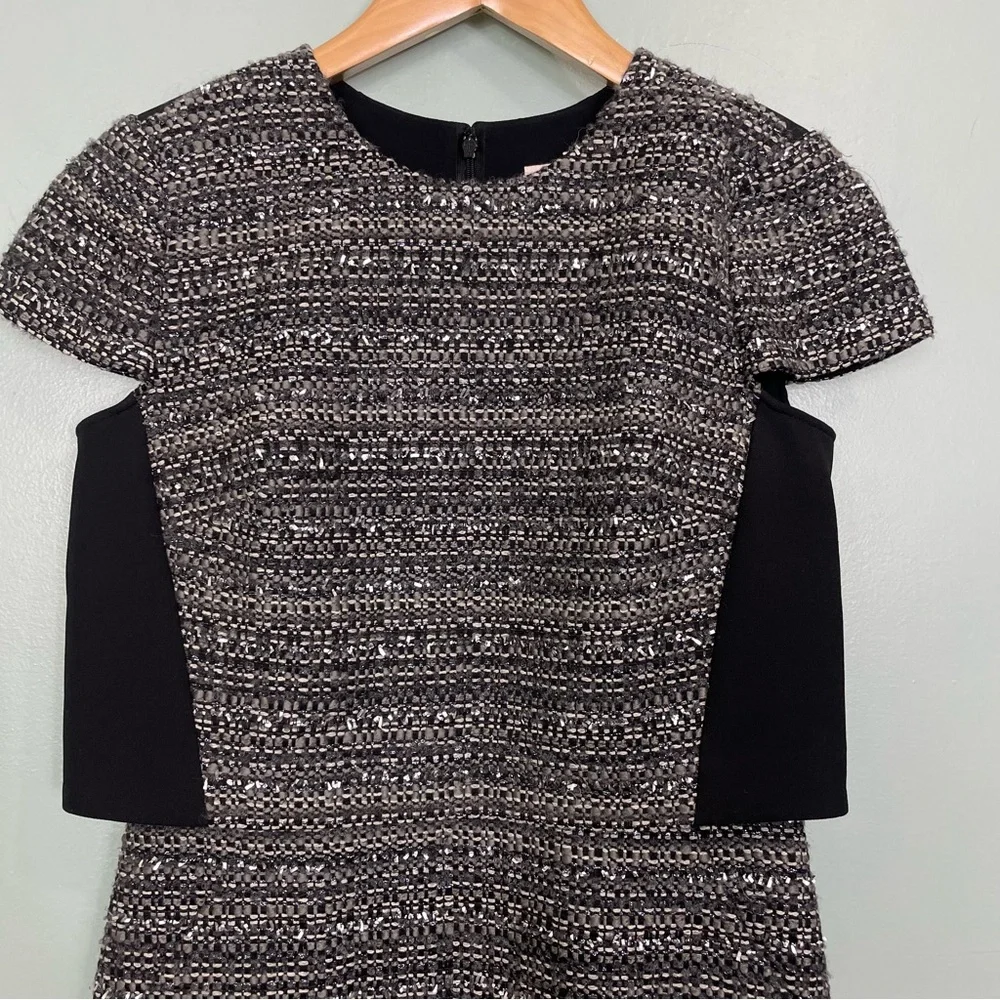 Tory‎ Burch Deandra Tweed Mock Crepe Detail Metallic Silver Mini Dress Size 4